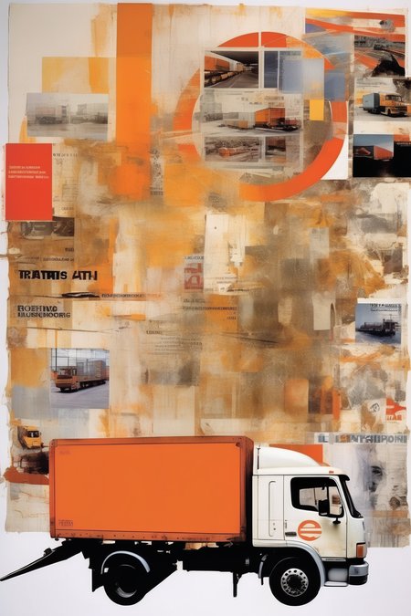 <lora:Robert Rauschenberg Style:1>Robert Rauschenberg Style - imagine that you are a graphic designer and you should create poster for logistics day, which show all type of logistics transports on white backgraund, with paper effect, main clor is orange. collage art Robert Rauschenberg art style.