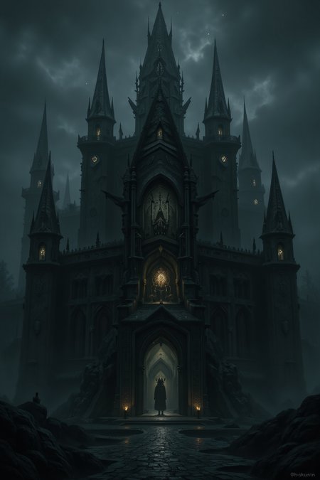 Midjourney_Whisper, The ancient dark castle of the deity El rises like a shadowy titan from the mist-shrouded plains. Its towering spires pierce the heavens, their apexes kissed by the faintest glimmer of starlight. The structure itself is a labyrinth of stone and shadow, its walls etched with runes that hum with celestial power. Within lies the sanctum of divinity, where El's presence radiates an aura of primordial wisdom and creation. This fortress, both awe-inspiring and forbidding, stands as a testament to the father of gods, a realm where time itself seems to bend under the weight of eons past.