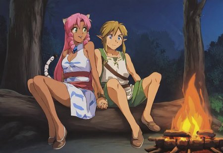 Pink_DragonPink, 1girl, sleeveless dress, white tiger print dress, pelvic curtain, cleavage, white tiger tail, red sash, small breasts, leather shoes, masterpiece, very aesthetic, smiling wide, showing teeth, <lora:pink-illustrious:1>, 
Break
1boy,Anime screencap,link (zelda),blonde hair,blue eyes,pointy ears, low ponytail, sidelocks, wearing blue hyilian tunic, happily smiling
Break
Lost woods at night, sitting on tree stumps, forest campsite, night, campfire, pink and link touching, holding hands, cuddling, hugging, fish grilling on the fire