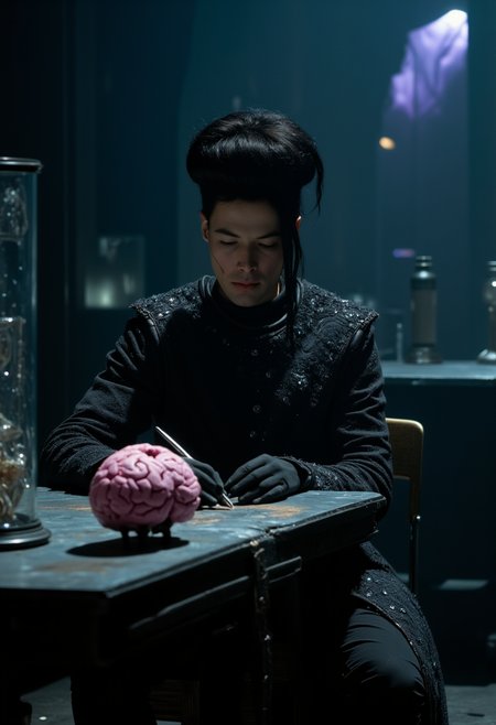 a dark large laboratory. A male scientist in a graphite coat is sitting at the table and writing. black hair, There is a glass box on the table next to it, inside of which there is a pink brain..  mythp0rt, nigiex.


 (Depth of field), low saturation,detail. mythp0rt Stylish, charismatic.

An otherworldly atmosphere.  Epic.. The overall composition feels cinematic, blending high fashion with a science fiction aesthetic. . . (Depth of field), low saturation,detail. ,,. ,,. masterpiece, best quality, medium-format camera, high-contrast, dramatic lighting, striking composition, . (Depth of field), low saturation,detail. mythp0rt, charismatic., ,,. masterpiece, best quality, dramatic lighting,. 

 An otherworldly atmosphere.
(Depth of field), low saturation,detail. mythp0rt Stylish, charismatic.PA
,,sNOW wHITE,   

 (Depth of field), low saturation,detail. mythp0rt Stylish, charismatic., belle
 
(Depth of field), low saturation,detail. mythp0rt Stylish, charismatic. ,.

, low saturation,detail. mythp0rt Stylish, charismatic. ,,aidmamj6.1,ne0nfant4sy, The background is minimalist, a gradient of shadowy blue tones, amplifying the ethereal and futuristic ambiance of the scene. . Thin border of tiny maple leaves that glitch and fade around the edges overlaid on a black border background...

with rays of sunlight piercing through the misty atmosphere. masterpiece. An otherworldly atmosphere, Mysticism. mythp0rt, 

(Depth of field),detail. mythp0rt, Stylish, charismatic.



,  Otherworldly atmosphere. aidmamj6.1
(Depth of field), low saturation,detail. mythp0rt Stylish, charismatic.c.


(Depth of field),,detail. mythp0rt Stylish, charismatic. ,aidmamj6.1,ne0nfant4sy,.
<lora:domiswaunfluxmini:1>
.  perfect hands.,
, . 

best quality, dramatic lighting,. RickandMorty Style

 An otherworldly atmosphere.
(Depth of field), low saturation,detail. mythp0rt Stylish, charismatic.
, 
(Depth of field),detail. mythp0rt, Stylish, charismatic. RickandMorty Style


