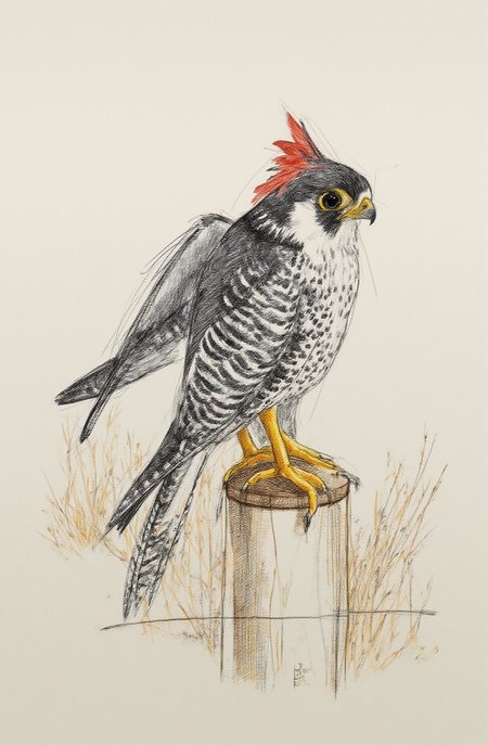Sharp image of a rough sketch, rendered in vibrant multi colour ballpoint pen, capturing the adorable features of a bird of prey, specifically a falcon, perched on top of a wooden post. The bird is facing towards the right side of the image, with its head turned slightly to the left. It has a black and white striped body, a yellow beak, and a red crest on its head. Its wings are spread out and its tail feathers are fanned out. The post is attached to a wire fence, and the background is blurred, but it appears to be a wooded area with dry grass and shrubs.  p3nsk, <lora:p3nsk:1>