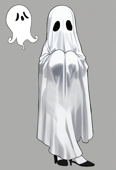 5H33TGH05T, sheet_ghost, 1girl, fishnets, high_heels, covering_face, ghost_costume