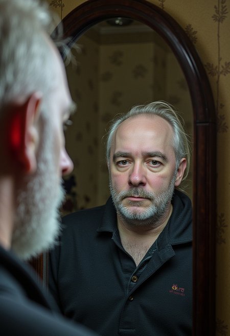 TOFYI looks at himself in the reflection and sees an old man, photograph, amateurish photo