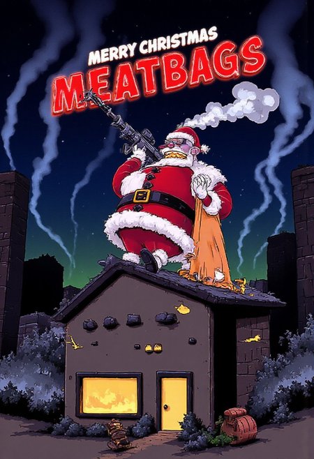 Robot Santa poses with his machine gun on the roof of a house smoking a cigar, there are columns of smoke and fires throughout the city on Christmas night, a text in a bold font says "MERRY CHRISTMAS MEATBAGS", sunglasses, night, retro future city, aidmafluxpro1.1, Christmas poster
