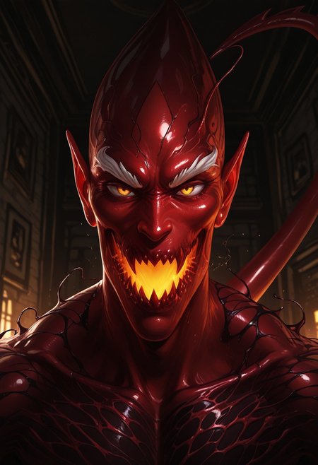 smooth, anime, Smooth Quality, indoors, bright, solo, 1boy, portrait, headshot portrait, male only, perfect anatomy, masterpiece, high quality, best quality, highres, aesthetic, athletic, red_goblin, red_symbiote, demon tail, huge tail, white eyebrows, two toned skin, red and black skin, pointy head, pointy nose, big ears, sharp teeth, glowing mouth, yellow eyes