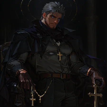 <lora:Eins__Alchemist_Code-000005:.75> tagatameeins, eins_grey hair, eins_grey eyes, 1boy, short hair, rosary, solo, male focus, manly, mature male, bara, muscular male, cape, shirt, scarf, gloves, belt, pants,
short hair, male focus, muscular male, muscular male, bara, mature, (hairy body, hairy, body hair, glossy skin, bara, mature, facial hair, beard, full beard, sideburn, mustache, stubble, male pubic hair), facial hair, bara, mature, body hair, aixiwuganda_(20222192), very awa, masterpiece, best quality, absurdres, newest, perfect quality, detailed background, intricate details,, <lora:slider_Body Type_alpha1.0_rank4_noxattn_last:3><lora:Anime Summer Days 2 Style SDXL_LoRA_Pony Diffusion V6 XL:.6><lora:merged:.7>, DARK, DARK BACKGROUND, LOW-KEY LIGHTING <lora:slider_cfg_scale_boost:.7><lora:Artist6p:.55>, Artist6p, Artist04p,<lora:slider_il_brightness_slider_d1:-.4><lora:slider_il_contrast_slider_d1:-.25>,<lora:slider_contract_controller_illus01_v1:.3>, <lora:addon_illustriousXLv01_stabilizer_v1.121:.5>,<lora:slider_DarkSlider1.2_alpha1.0_rank16_full_300steps:-.2><lora:Heavenly_Beauty_r1:1>, (heavenlybeauty,)<lora:slider_style_strength_controller_illus01_v1:.25>