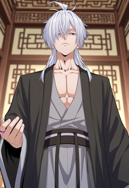 masterpiece, best quality, amazing quality,high resolution,intricate details,official style,depth of field,anime screencap , , , 1boy, solo, male focus,<lora:zhou_yi-fan:0.78>,zhuo-yi fan,white hair,long hair,light purple eyes, looking at viewer, long sleeves, closed mouth, collarbone, upper body, indoors,chinese hanfu,black coat,grey hanfu,wide sleeves,black waistband,hair over eye, pectorals,purple ring,hand up,from below,looking down