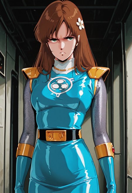 masterpiece,best quality,amazing quality, absurdres, <lora:hayase_misa_the_super_dimension_fortress_macross_ilxl_goofy:1>  hayase misa, 1980s \(style\), 1girl, breasts, green eyes, hair flower, hair ornament, long hair, medium breasts,  angry,solo,sentaikageblue, shiny clothes, spandex, silver bodysuit, fishnet bodysuit, bodysuit under clothes, aqua dress, shoulder pads, aqua skirt, black belt, aqua gloves,midriff