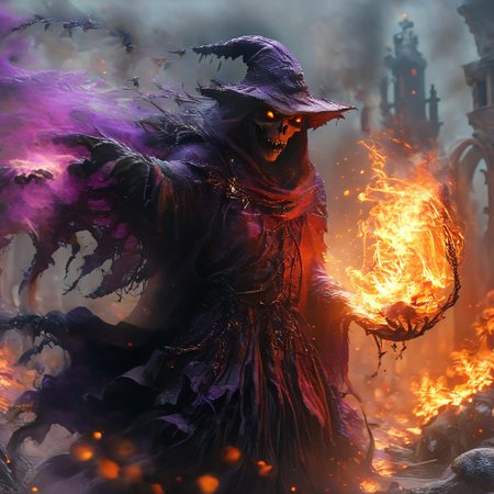 an action shot of a witch fighting a fantasy skeletal monster, purple magic, billowing black robe, necromancer raising skeletons, holding an orb evil magic, graveyard in background, flames, magic, massive skeleton beast with wings and multiple eyes, Bosstyle, hkstyle, hkmagic, HD, masterpiece, best quality, hyper detailed, ultra detailed, super realistic