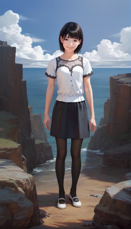 score_9,score_8_up,score_7_up,<lora:ChisatoShinjo:1>,
chisatoshinjo,
realistic,
1girl,solo,black hair,short hair,bangs,brown eyes,beauty mark,
looking at viewer,parted lips,smile,
white blouse with lace details,black skirt,black pantyhose,white flat shoes,
full body,standing,
outdoors,wooden structure,rocky cliffs,green hills,sea,blue sky with clouds,peaceful bright day,slightly windy atmosphere,