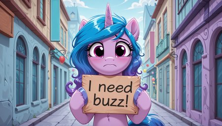 resolution,masterpiece,high resolution,my little pony,friendship is magic resolution,masterpiece,high resolution,solo,wild,pony,woman
looks at the viewer
very sad
<lora:Izzy_Moonbow:1> Izzy Moonbow unicorn, lavender body, purple eyes, mane and tail that go from blue to dark purple, with wavy locks.
city
, need_buzz, holding sign saying "I need buzz" <lora:NeedBuzz_sign_Illustrious:1>need_buzz, holding sign