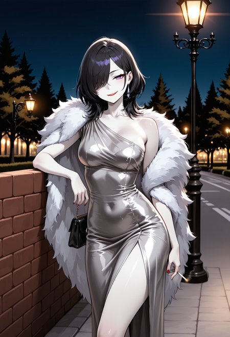 solo,
1girl, black hair, pale skin, purple eyes, hair over one eye, medium hair, medium breasts, red lipstick,
standing, park, night, leaning on street lamp, clutch, smoking a cigarette,holding cigarette, provoactive,fur cape, cowboy shot, smug,
<lora:oneshouldersatindressIL:1>, oneshouldersatindress, satin dress, long dress, one shoulder dress, silver dress,
masterpiece,best quality,amazing quality,   <lora:gogalkingIL-style:0.8>