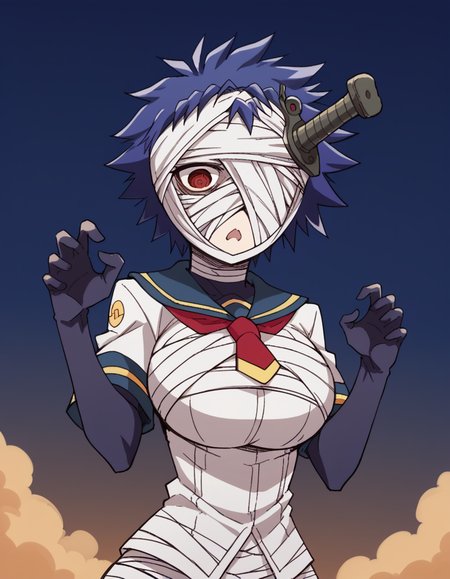 score_9, score_8_up, score_7_up, source_anime, <lora:youka-naze-s2-ponyxl-lora-nochekaiser:1>, youka naze, short hair, large breasts, red eyes, blue hair, bandages, bandage over one eye, <lora:mummy-costume-ponyxl-lora-nochekaiser:1>, mummy costume, bandages, halloween costume, bandaged arm, zombie pose, bandage on face,, desert, moon, night, open mouth, , dutch angle, cowboy shot
