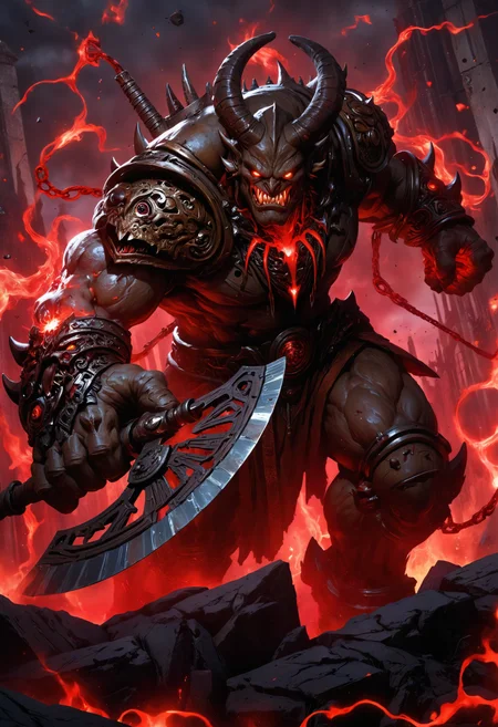 highly detailed and hyper realistic, a panoramic close up shot of a horrifying colossal ancient demon with highly detailed evil glowing eyes, angry expression, holding a gigantic glowing axe, guarding the gates of hell, ruby red hues, atmospheric haze
<lora:xl_more_art-full_v1:0.5> <lora:add-detail-xl:1>