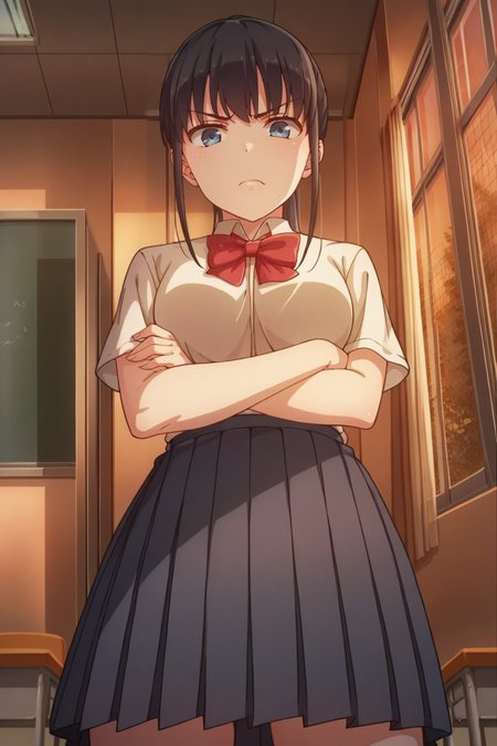 score_9, score_8_up, score_7_up, source_anime, prefect lighting, very aesthetic, intricate details, highly detailed background, masterpiece, high quality, prefect hands, best quality, solo, 1girl,
<lora:Airi_Sega_Iya_na_Kao_sare_nagara_Opantsu_Misete_Moraitai_V1-000009:.85>, blue eyes, black hair, ponytail, bangs sidelocks, 
white school uniform, red bow, navy pleated skirt, 
standing, looking at viewer, disgust, from below, crossed arms, 
classroom, window, dusk, sunset, 
(Beautiful, medium Breasts:1.2), natural breasts,
