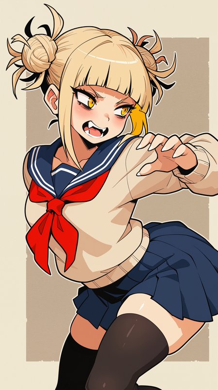 masterpiece, best quality, amazing quality, girl,  <lora:Crestyle_Illu_epoch_15:0.8>, Crestyle, dynamic pose, turned away but looking back over her shoulder, Himiko Toga, blonde hair, blunt bangs, double bun, messy hair, yellow eyes, serafuku, beige sweater, blue skirt, pleated skirt, sailor collar, red neckerchief, black thighhighs, fangs, simple background, textured background, paper texture, solo,