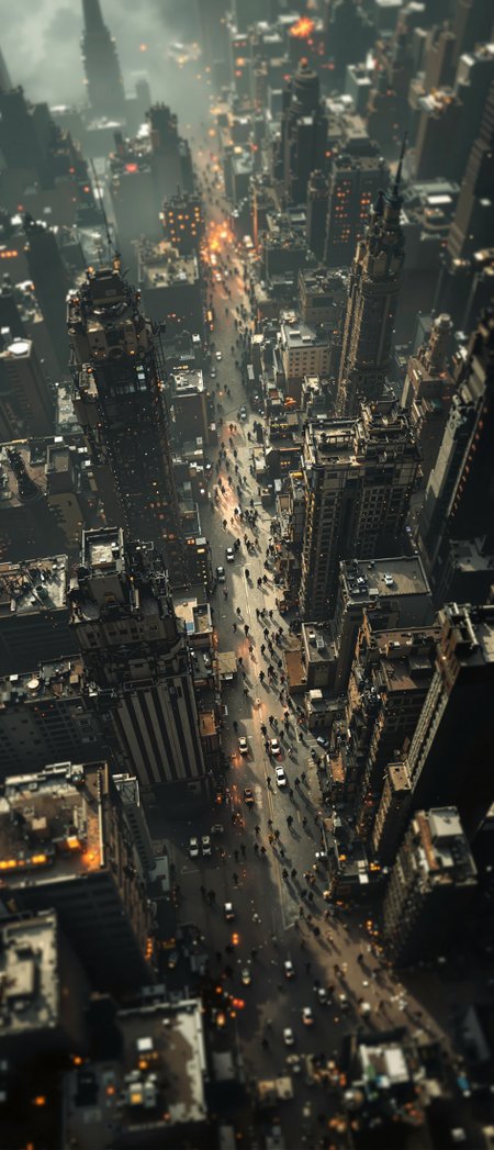 A bird's eye view of postapocalyptic city scape, tilt-shift, gloom atmosphere, mad max setting style