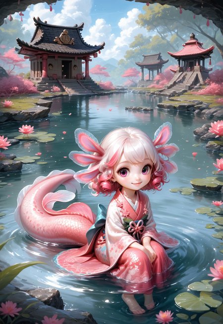 Expressiveh, EyesHD, traditional media, AIU, score_9, score_8_up, score_7_up, score_6_up, _Style, high quality, extremely detailed, detailed background, very cute girl, Cartoon_Type, <lora:AxolotlWorld_Concept:1>, AxolotlWorldXLP, detailed scales, thick tail, pink highlights, cute bangs, axolotl girl, ancient temple in background, freckles, colored skin, monster girl, short, elegant kimono, swamp, sitting, floating in water, cute, smile, barefoot, white hair, looking down, legs in water,