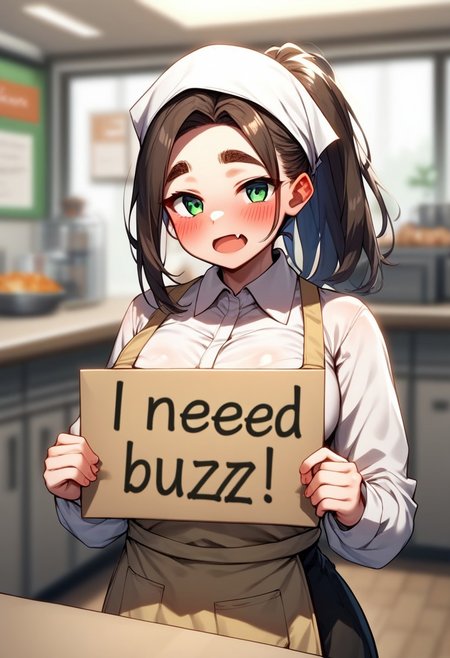 score_9, score_8_up, score_7_up, score_6_up, blurry, depth_of_field, apron, blurry_foreground, skin_fang, 1girl, blurry_background, fang, solo, green_eyes, head_scarf, breasts, large_breasts, thick_eyebrows, blush, employee_uniform, open_mouth, looking_at_viewer, indoors, ponytail, long_sleeves, shirt, long_hair, eyebrows_visible_through_hair, brown_hair, need_buzz, holding sign