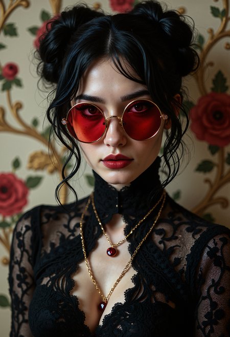 A hyper-realistic portrait of a young woman with a pale complexion, featuring round red-tinted sunglasses. She has black hair styled in loose, wavy updos with strands framing her face. Her lips are full and painted in a glossy red, and she has light freckles across her nose and cheeks. She wears a high-necked, semi-transparent black lace dress with intricate floral patterns that reveal a hint of her skin underneath. Around her neck, she has two delicate necklaces with red gemstone pendants, one shaped like a flower. The background is a vintage, ornate wallpaper in beige and red tones with floral designs, enhancing the elegant and slightly gothic aesthetic of the scene. The lighting is soft and evenly distributed, highlighting her face and the textures of her attire, creating a mysterious and sophisticated atmosphere.   <lora:flux_vividizer:0.8> <lora:aidmaImageUpgrader-FLUX-V0.1:0.33> detailmaximizer,