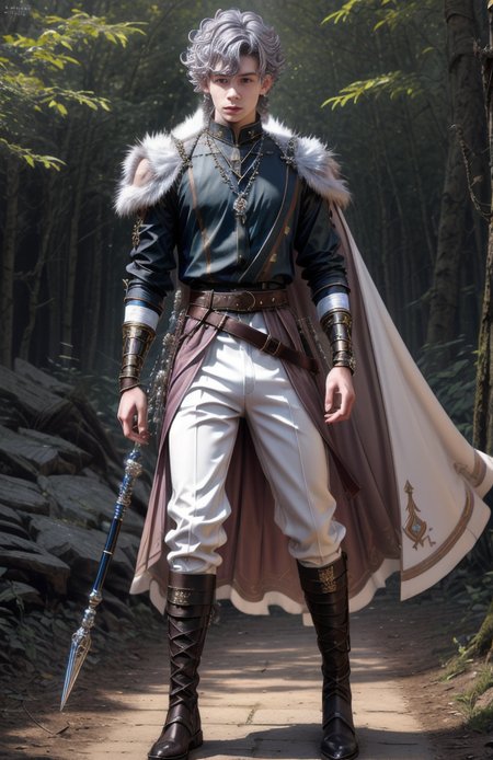 8k, wolf prince,   ((masterpiece)).((best quality:1.2)),  sharp focus, full body, head to toe, 1 young man, 22 years old, youthful appearance, male focus, dynamic pose,  silver colored hair, curly hair, EYESHD,  small testicle bulge, Nora outfit fur accents, Nora outfit bead necklaces, Nora outfit pants, Nora outfit hip quiver, Nora outfit leg guards, Nora outfit arm braces, Nora outfit belt with pouches, and Nora outfit fur boots,   defined body, thin waist, looking at camera, armor,  detailed background a wooded clearing, a pet wolf standing nest to him,(absurdres) , <lora:more_details:0.5>, <lora:wrenchftmfshn>,<lora:add-detailxl:0.8>, <lora:Eyes_High_Definition-000007>, , <lora:lightup_brightness_v200:1>, <lora:Nora:1>