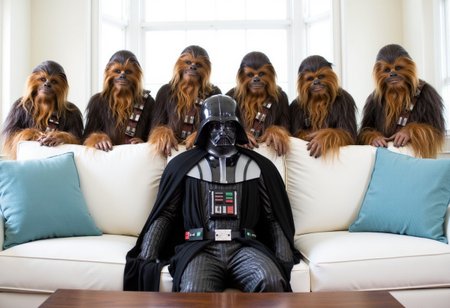 A surreal and comedic scene featuring Darth Vader placed on the seat of a pristine white couch in a modern living room. Behind the couch, five time chewbacca stand side by side, visible from the waist up above the couch’s backrest.  All five are intently staring at Darth Vader  with an air of determination and rivalry.  The room is brightly lit, with light blue and white cushions accentuating the couch, providing a cozy and modern contrast to the quirky and absurd characters