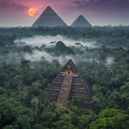 score_10, score_9, score_8_up, score_5_up, (masterpiece:1.3), mythical landscape in a dense jungle, view throu trees, pyramid temples covered by trees, wet place, fog, moon, celestial sky, nebulas, detailed
