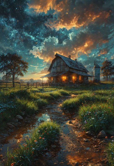A farm in the night covered by night lights late at night with stars, milky way galaxy, midnight, serene, highly detailed oil painting, unreal 5 render, rhads, Bruce Pennington, Studio Ghibli, tim hildebrandt, digital art, octane render, beautiful composition, trending on artstation, award-winning photograph, masterpiece <lora:add-detail-xl:1>  <lora:MJ52:0.5>