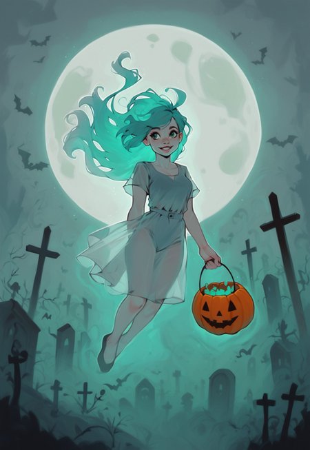 score_9, score_8_up, score_7_up, score_6_up, ghost girl, ghost, spirit, 1girl, cute, white skin, translucent skin, translucent hair, floating, floating hair, mysterious mist, closeup, halloween,  pumpkin, moon, cemetery, green fog