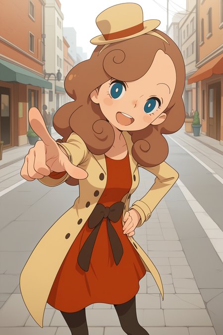 masterpiece, best quality, amazing quality, katriellelayton, 1girl, solo, smile, open mouth, pointing at viewer, hand on hip, confident, brown hat, black leggings, brown coat, red dress, outdoors, street, city