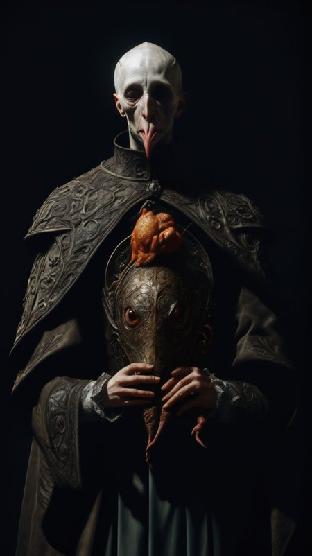 Ultra-realistic 8k CG, masterpiece, best quality, ermine wear inquisitor robe and bite off chicken head in a medieval Cathedral, pr3y style, still life, high detailed, beautiful intricately and detailed, DOF,   <lora:add-detail-xl:1>  <lora:NicolaSamori:1> <lora:Inquisition_v2:1>