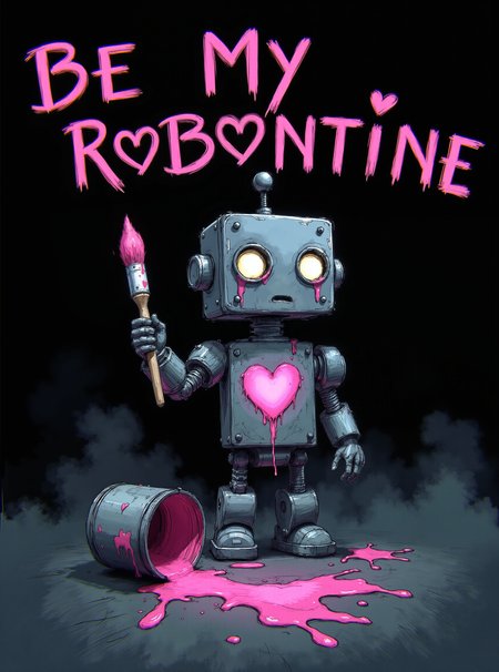 A detailed, hand-drawn illustration 
A small, sad robot with a matte, slightly worn black metal body stands in a dark, moody atmosphere, surrounded by bluish-gray mist. The robot has large, round, empty eye sockets and a simple antenna on its head, giving it an innocent, lonely expression. A glowing pink heart is messily painted on its chest, with paint dripping down, leaving bright streaks. In one hand, the robot holds a dripping paintbrush with pink paint, and next to it on the ground is an overturned paint can, spilling vibrant pink paint that contrasts sharply with the darkness
 The background is clean and black focusing attention on the central, poignant gesture. in the background there is a bold inscription written in pink paint with drips "be my robontine"
 <lora:Sketch:1>
