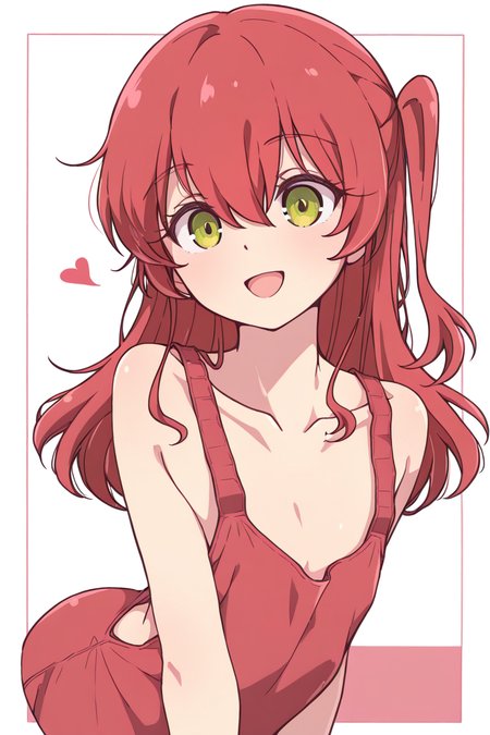 masterpiece, best quality, amazing quality,
 <lora:Melty_IL:1> meltypot, 1girl, solo, long hair, smile, red hair, heart, open mouth, looking at viewer, two-tone background, bangs, green eyes, collarbone, hair between eyes, :d, one side up, white background, kita