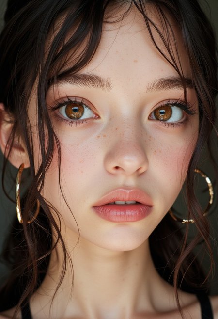 A stunning teenage girl with flawless model-like facial features, flawless light pale skin, and unnaturally large and colorful eyes