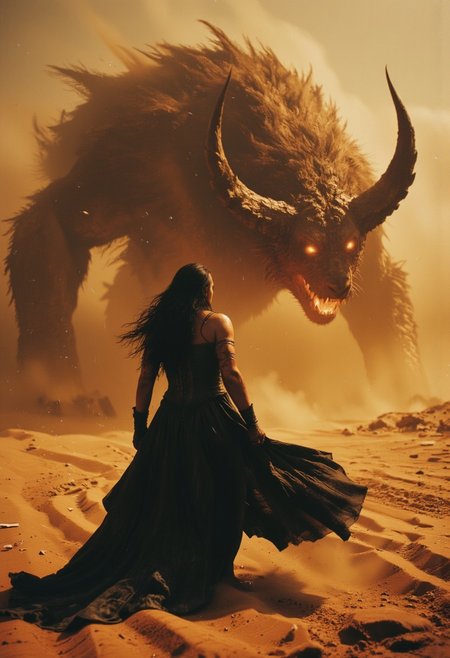 Over-the-shoulder bosstyle shot of a colossal, eerie Banshee standing against a raging desert sandstorm. Her flowing, pitch-black gown billows dramatically in the violent wind, extending far behind her like a shadow, while her long, ethereal hair whips through the air in wild, hypnotic waves. Her figure is both terrifying and alluring—voluptuous and curvaceous beneath the dark, flowing fabric, revealing glimpses of a seductive form despite the haunting nature of her appearance. Her skin is deathly pale, contrasting sharply with the storm’s fury, and her glowing eyes burn with an unsettling mixture of beauty and menace.
Towering above the battlefield, the womans presence is both magnetic and horrifying, a blend of sensuality and dread. Before her, within the heart of the howling storm, a massive sand-beast rises, its body Covered in shadows twisting and reshaping from the shifting dunes and skeletal remains of long-buried creatures to Form an buxom horned demon Boss. The beast glows faintly with an ancient curse, its hollow, orange eyes glaring with ominous intent as the battlefield seethes with swirling sand and debris.