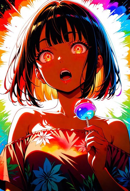 masterpiece, best quality, amazing quality, very aesthetic, absurdres, newest, 1girl,  Megumi, brown hair, red glowing eyes, short hair , little breasts, bare shoulders, hawaiian shirt, teeth, lips, thin lips, narrow mouth, solo, looking at viewer, open mouth, holding lollipop, chupa chups, upper body, backlighting, from above, dutch angle, , masterpiece, best quality, amazing quality, very aesthetic, absurdres, newest, soft light, explosion of colors, masterpiece, best quality, colorful, bright, multicolored, bright colors of paint, masterpiece, best quality, amazing quality, very aesthetic, absurdres, lots of multicolored rainbow light, focus on the face, lots of soft light, soft colors, lots of colorful particles