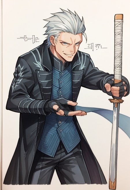 score_9, score_8_up,score_7_up, source_ anime, traditional art, <lora:dmc5_vergil_ponyXL:0.8> dmc5vergil, black coat, fingerless gloves, pants, smile, holding sword, 
<lora:Traditional_art_v4_USENEG:-0.8>