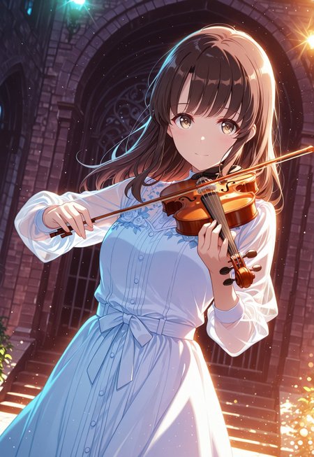 (solo), 1girl,Megumi <lora:IL-KatoMegumi:0.8>,brown hair,katou megumi,brown eyes,long hair, ((detailed eyes, five fingers)),good hands,

safe_pos , from 45 degrees ,dutch angle, cinematic framing, (digital painting:0.8), (aura:0.2), MythAn1m3, bokeh, (luminescent background:0.8), 

elegant, masterpiece, best quality, highly detailed, high contrast, dramatic shadows, raytracing, subsurface scattering,

playing violin, soft smile, wind tussling hair,elegant white dress, floral embroidery, translucent sleeves , glowing lights background, light particles,  dreamy atmosphere, looking at viewer,depth of field, outdoor, simple background 