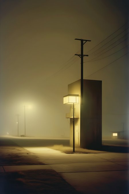 <lora:Todd Hido Style:1>Todd Hido Style - A single, solitary light from a window in a vast, towering arcology, piercing the perpetual twilight of a post-apocalyptic cityscape. In the style of Todd Hido