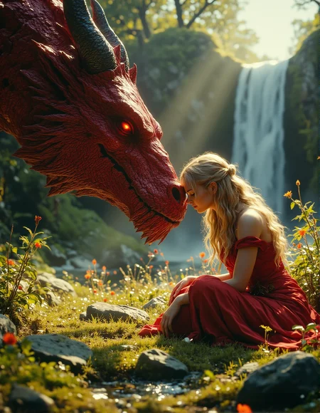 cinematic photo of a woman with long blonde hair and a red dress sitting in a grassy forest clearing. She is gently touching foreheads with a massive, detailed red dragon. The dragon's head takes up a large portion of the left side of the image, showcasing its textured scales, horns, and glowing red eyes. The woman is seated on the right, looking towards the dragon with a peaceful expression. A waterfall is visible in the misty background behind the dragon, adding to the fantastical setting. Sunlight filters through the trees, creating soft, diffused lighting and highlighting the textures of the dragon's scales, the woman's hair and dress, and the surrounding foliage. Tall grasses and wildflowers are visible in the foreground. emphasizing detail and soft natural light, reminiscent of fantasy art, 35mm photograph, film, bokeh, professional, 4k, highly detailed. <lora:Elden_Ring_-_Yoshitaka_Amano:0.4>, <lora:FantasyWizardWitchesFluxV2-000001:0.8>, <lora:RetroAnimeFluxV1:0.35>, <lora:FluxProUltraFantasia:0.5>, <lora:- Flux1 - vanta_black_V2.0:0.7>, <lora:CinematicStyleFlux_v1:0.6>