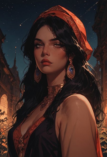score_9, score_8_up, score_7_up, half Body of a gypsy spanish woman in flamenco clothes,  charismatic, curvy, aesthetic , Mysterious, dark, moody, dark fantasy style, outdoor, night, perfect composition