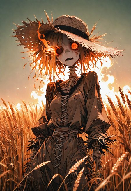 1 girl , scarecrow , empty eye , flaming eye , flaming , wheat field , straw hat , sewed mouth , stitching mark , 
masterpiece, best quality, amazing quality,
