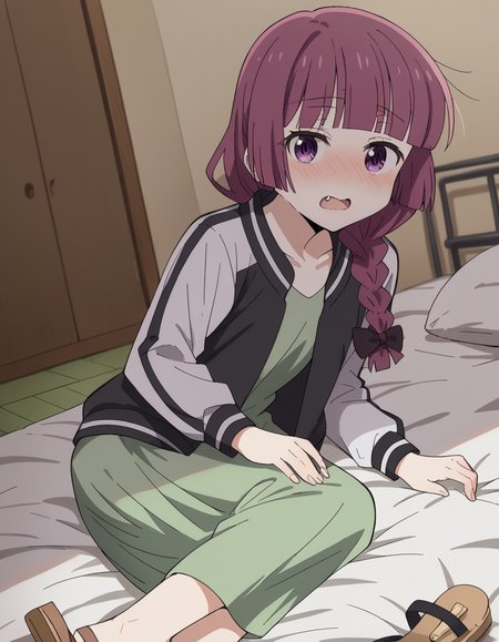 score_9, score_8_up, score_7_up, source_anime,
kikurihiroi, <lora:kikuri-hiroi-s1-ponyxl-lora-nochekaiser:1>,
kikuri hiroi, black bow, blunt bangs, braid, purple eyes, fang, hair bow, hair over shoulder, long hair, purple hair, sidelocks, single braid,
black jacket, brown footwear, collarbone, dress, green dress, jacket, long sleeves, open clothes, open jacket, raglan sleeves, sandals, white sleeves,
indoors, bed, bed room, on side, blush, drunk,
cowboy shot, solo, dutch angle, looking at viewer,