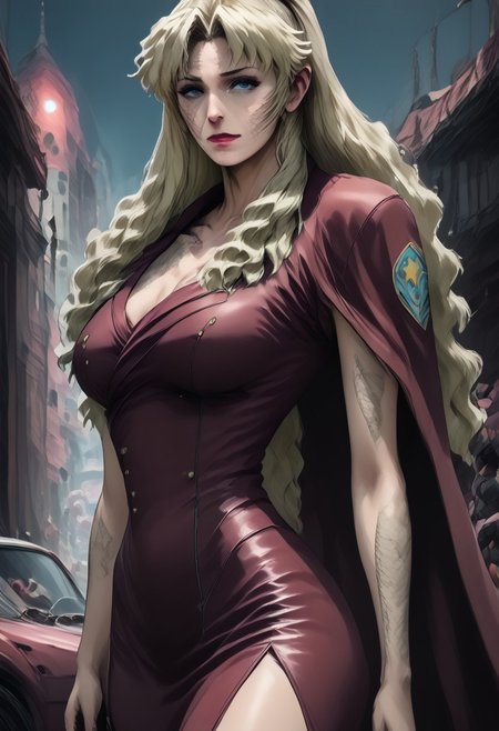 MILF, 32 years old, blonde hair, realistic picture, tight leather skirt, black leather vampire cape, sloppy red wavy hair, sexy red boots, revealing outfit, red lips, mascara, eyelashes, hourglass figure, strong,  big blue eyes, playboy pose, hands behind the head, seductive, large saggy breasts, mature female, m1lfm3t3r, anezaki mamori, (((Masterpiece))),  (((realistic)),  Masterpiece (highest quality), ((photorealistic: 1.2)), ((realistic skin texture:1.5)), realistic, high ,tear shaped boobs, drow ranger, drow ranger \(dota2\), slimes_balalaika, scar, blonde hair, Masterpiece, 32k, photorealistic:1.4, score_9, score_8_up, score_7_up, huge boobs, small waist, wide hips, high cheekbones, oval face, slim waist, wide hips, thick thighs, full hips