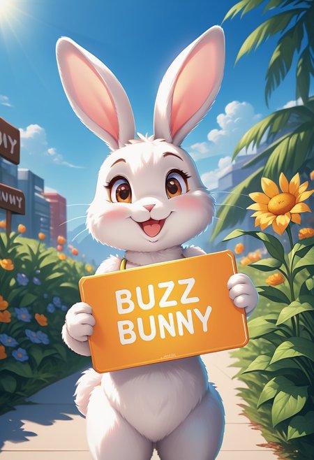 Smiling bunny,  looking at viewer, holding a sign that says "BUZZ Bunny”, text, sunny days.