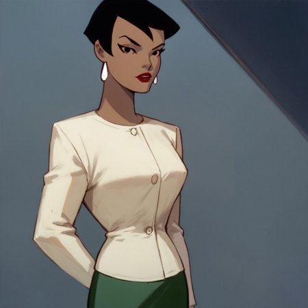 score_9, score_8_up, score_7_up, 1girl, solo, lipstick, black hair, short hair, black eyes, dark skin,  jacket, pencil skirt, earrings, Angela Chen (dc), looking at viewer