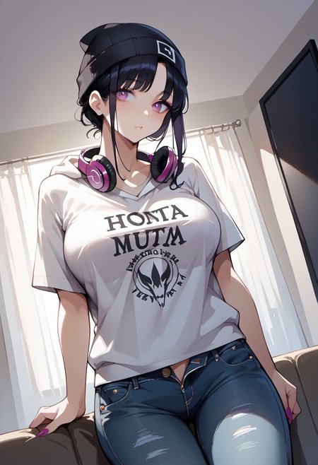 score_9, score_8_up, score_7_up, score_6_up, 1girl, source_anime, 
1girl, Hina,
haircut bangs, large breasts, baggy t-shirt, baggy jeans, unzipped hoodie, beanie, headphones around neck,
Indoors, living room,
Dutch angle,