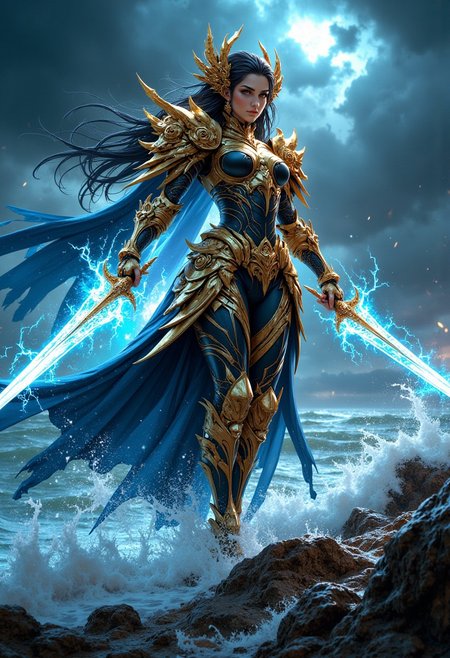 "A majestic, otherworldly female warrior standing at the edge of a tumultuous ocean, her luminous, lightning-infused armor glistening under a stormy sky. The intricate design of her metallic attire flows seamlessly into the ethereal beauty of a regal artifact—a golden bracelet with cascading waves and delicate clouds that mimic the texture of real water. Her twin swords, made of pure energy, emanate an electrifying blue glow, resonating with the storm's fury above. The waves from the bracelet materialize around her, creating a swirling vortex of water and gold, blending nature and magic in a breathtaking fusion. The scene captures an epic, hyper-realistic moment, with unparalleled detail in the storm clouds, ocean spray, and the interplay of light and shadow on the metallic and fluid textures. The overall atmosphere is a perfect balance of power, elegance, and the raw force of nature."
Style settings:
Hyper-realistic, ultra-detailed, cinematic
8k resolution, photorealistic textures
Dynamic lighting with glowing effects and high contrast
Dramatic composition with a focus on the character and her environment