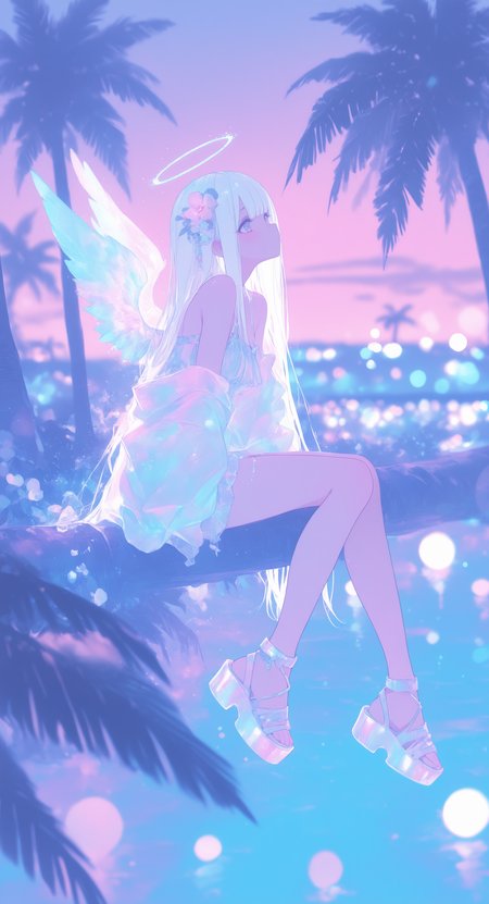 incredibly absurdres, highres, masterpiece, newest, 1girl, hair ornament, wings, hair flower, flower, solo, long hair, sitting, white hair, palm tree, halo, sandals, tree, bangs, outdoors,pastel colors, iridescent, blurry, soft_light,sunny,scenery, depth of field, bokeh, xxx667_illu, glowing <lora:illustriousXL_stabilizer_v1.23:0.35> <lora:XXX667:1>