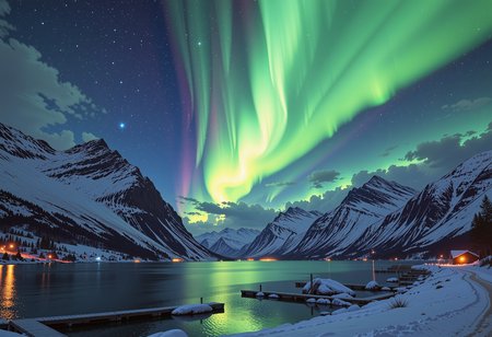 A serene Norwegian fjord bathes in the soft luminescence of winter night, snow-clad backdrop of towering fjord peaks that rise majestically towards the sky. The surrounding landscape is set ablaze by an ethereal display of green hues from the aurora borealis, which dances across the celestial canvas in a swirling ballet of light and color. The air is heavy with an expectant quiet, as if time itself has paused to allow the gentle light from the stars flickering to dance upon the rippling waters, where a mirrored sheen reflects the beauty above. In this fleeting instant, all that exists is a poignant portrayal of the enchanting serenity of Nordic winter nights, where the undulating shadows cast by the aurora mingle with the soft ambient luminescence, as if bound together by an unseen thread of time., ultra-detailed, hyper-detailed, ambient lighting, volumetric lighting, (masterpiece), (Amazing quality), (phenomenal aesthetic), cinematic moment, 8K<lora:FLUX_Ghibsky_Illustrations.safetensors:0.8:1.0>